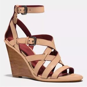 Coach Dawn Open Toe Leather Wedge Sandal Beechwood Tan